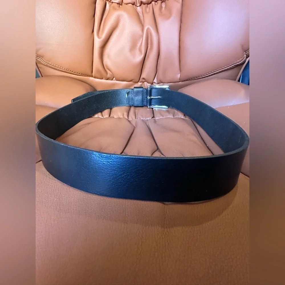 Men's Classic Black Leather Belt Size 36 Silver Buckle Jeans Trouser